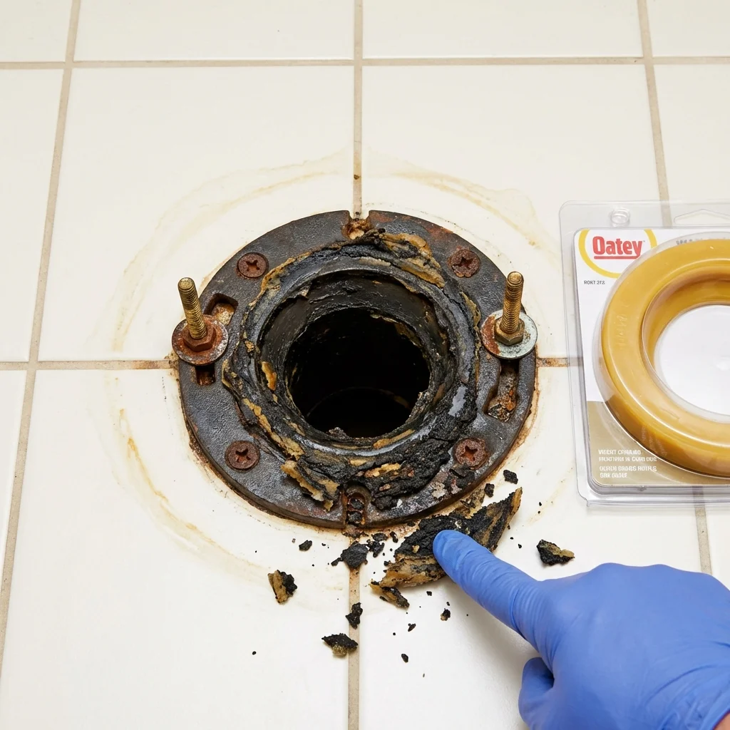 Failed wax ring showing water seepage at the base of a toilet in a Nashville, IL home