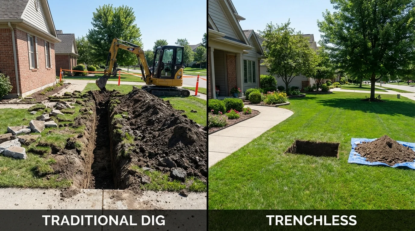 Trenchless sewer repair with minimal yard damage versus traditional excavation in Nashville, IL