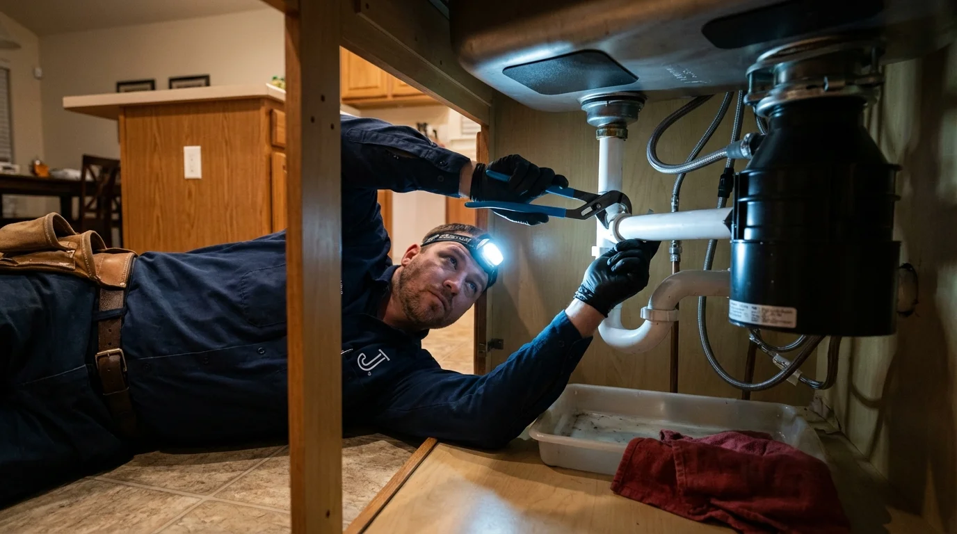 P-trap and supply line connections under a kitchen sink showing a common leak point in Nashville, IL